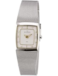 Skagen Womens 380XSGS1 Steel Collection Crystal Accented Mesh Stainless Steel White Dial Watch
