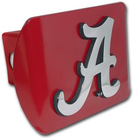 University of Alabama "Red with Chrome Crimson Tide Script A" NCAA College Sports Metal Trailer Hitch Cover Fits 2 Inch Auto Car Truck Receiver