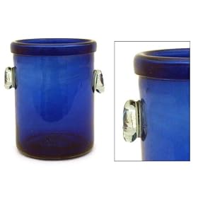 Blown glass ice bucket, 'Midnight Blue' by NOVICA