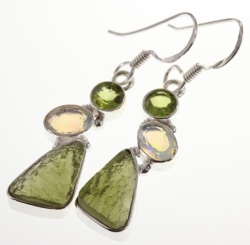925 Sterling Silver MOLDAVITE, PERIDOT Earrings, 1.75", 5.99g