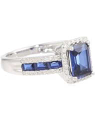 Sterling Silver Created Ceylon Sapphire and 1/4cttw Diamond Cushion Ring, Size 7