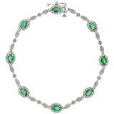 10k White Gold 6 3/4" Stone Bracelet, w/ 2.60 Total Carat Oval Cut (5x3mm) Emerald Stones & Brilliant Cut Diamonds, 3/16" (5.5mm) wide
