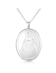 Oval Locket Pendant Necklace Hand Engraved Virgin Mary Sterling Silver