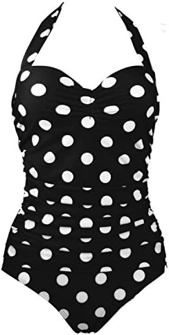Cocoship 50s Retro Vintage Floral Print White Polka One Piece Swimwear Monokinis(FBA) Black(Fast Ship) XXXXXL(US16-18)