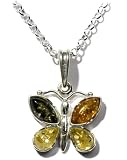 Sterling Silver Multi-Color Amber Butterfly Pendant on Italian Rolo Chain, 18