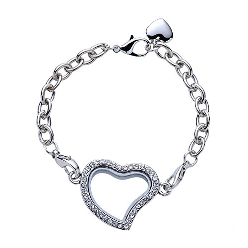 Feilaiger Glass Heart Shape Rhinestone Floating Charm Living Memory Lockets Bracelet Set - Free Link Chain