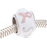 Silver Tone White Enamel Pink Breast Cancer Ribbon 'Survivor' Message Bead - Fits Pandora (1)