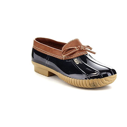 Axny Dylan-10 Women's Two Tone Bow Accents Slip-On Rain Loafer Flat Duck Shoes