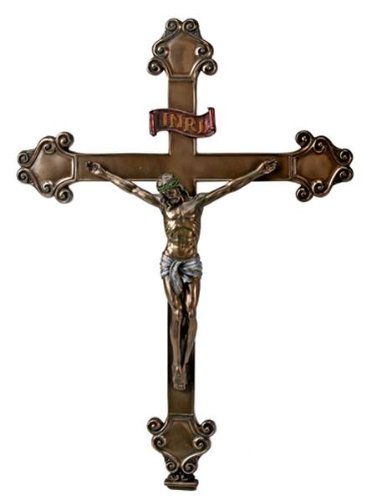 JESUS ON THE CROSS INRI Crucifix Icon Real Bronze Powder Cast Wall Plaque Statue, 13 1/2-inch