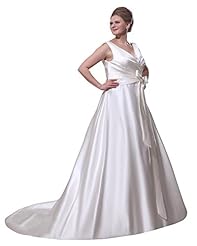 A-line V-neck Floor Length Satin Natural   Waistline Lace Vintage  Dress with a Chapel Train 