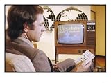 Fashionable Young Man in a Beige Jacket Adjusts His Television with the Aid of the Latest Gadget Photography Giclee Poster Print, 24x18