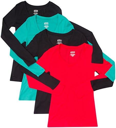 4 Pack Active Basic Women's Basic V-Neck Tee Large Black, Black, Red, Green