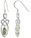 Sterling Silver Celtic Fish Hook Dangle Earrings, w/ Marquise Cut Natural Peridot Stone, 1 3/16" (30mm) tall