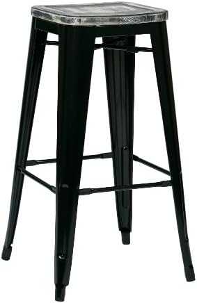 OSP Home Furnishings Bristow Antique Metal Barstool with Vintage Wood Seat, 30-inch, Black Frame, Ash Crazy Horse, 2-pack