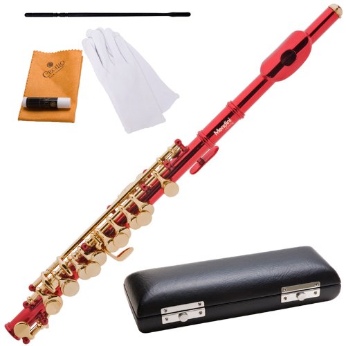 Mendini MPO-RD Key of C Red Piccolo w/ Hard Shell Case, Cleaning Rod, Joint Grease, and a Pair of Gloves