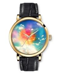 SPRAWL Aanalog Fashion Series Gold Ladies Watches of Genuine Black Leather Strap,Unique Wrist Watch for Women Girls Designed with Colorful clouds
