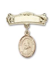 14kt Gold Baby Badge with St. Bernadette Charm and Arched Polished Badge Pin