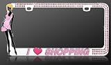 License Plate Frame - Metal Bling - Fashionable I Love Shopping Blonde Girl w/ Dazzling Pink Crystals