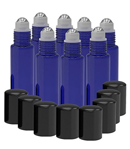 8 Pack - Essential Oil Roller Bottles [STAINLESS STEEL ROLLER] 10ml Refillable Glass Color Roll On for Fragrance Essential Oil - Metal Chrome Roller Ball - 10 ml 1/3 oz [Cobalt Blue]