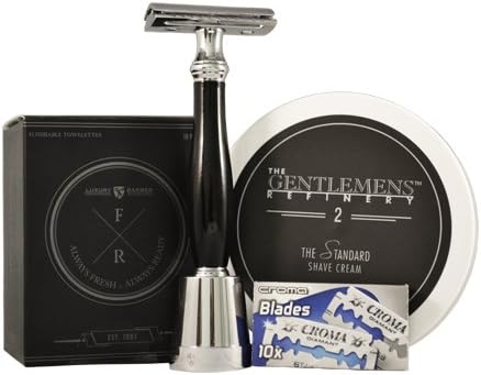 Double Edge Chrome Safety Razor- Konig by Luxury Barber, 10 Pack of German Croma Diamant Razor Blades, Gentlemen's Refinery shave cream, 10 Pack of Men's Flushable Body Wipes- Fresh Richie