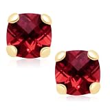 10k Yellow Gold Checker Board Cushion Cut Garnet Stud Earrings