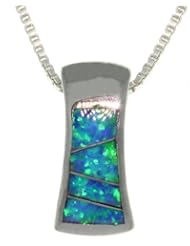 Sterling Silver Created Blue Opal Hourglass Design with 18 Inch Box Chain Necklace
