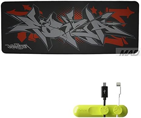 Professional Graffiti Large Mouse Pat Pack of Mouse Cord Holder, Computer Game Mouse Mat (30.71''W x 11.81H x 0.5TH) Wide Mousepad, Non-Slip Rubber Oblong MousePad, with Green Cable Clips(Black)