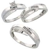 Sterling Silver Diamond Trio Engagement Wedding Ring Set for Him and Her 3-piece 7 mm & 6 mm wide 0.10 cttw Brilliant Cut, Ladies Size 6