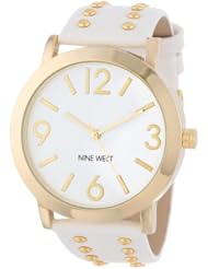 Nine West Womens NW/1492WTWT Gold-Tone Stud Accented White Strap Watch