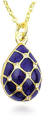Gold Plated Austrian Crystal 'diamond Pattern' Cobalt Blue Enameled Russian Faberge Egg Pendant Necklace