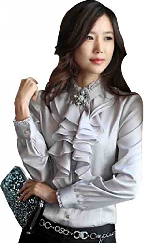 Uget Women's Lace Ruffle Neck Blouse Long Sleeve Stand Collar OL Shirt Tops