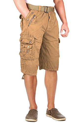 North 15 Mens Belted Cotton Military Style Multi Pocket Cargo Short