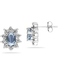 6X4mm Oval Shaped Aquamarine and Diamond Flower Earrings in 14k White Gold