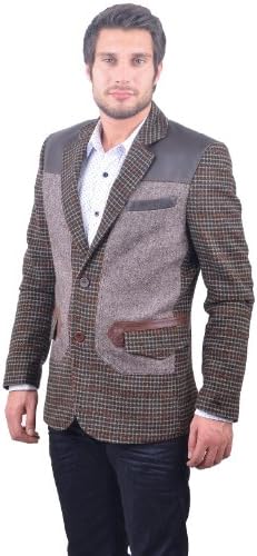 RNT23 JEANS Men's Genuine Leather Shoulder Patch Wool Blazer M BROWN