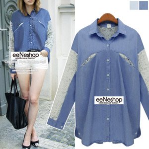 (イイネショップ) eeNeshop 2way　レース切替　デニム　シャツ　タンガリーシャツ