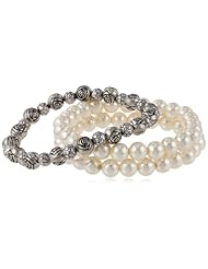 Cream Simulated Pearl and Artisan Inspired Bead with Black Grosgrain Ribbon Stretch Bracelet Set