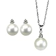 Orbital Diamond 14k White Gold Natural White Cultured Pearl Pendant Necklace & Stud Earrings Set - by Dahlia Classic Jewelry Collection