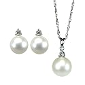 Orbital Diamond 14k White Gold Natural White Cultured Pearl Pendant Necklace & Stud Earrings Set - by Dahlia Classic Jewelry Collection