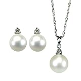 Orbital Diamond 14k White Gold Natural White Cultured Pearl Pendant Necklace & Stud Earrings Set - by Dahlia Classic Jewelry Collection