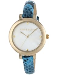 Anne Klein Womens AK/1236MPTQ  Gold-Tone Turquoise Snake-Skin Print Leather Strap Watch