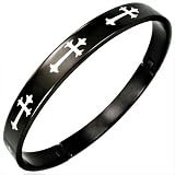 New Black Stainless Steel Hinged Bangle With Cross Design, Length 20cms.