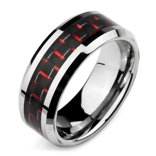  Justeel Homme Tungstène Anneau réconfort S'Adapter Bande Argent Rouge Noir Carbone Fibre Large 8MM Taille 72 (Avec Sac Cadeau)