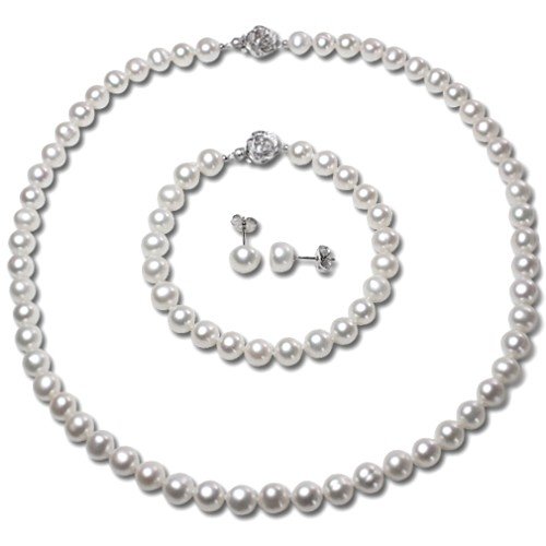 White 6-7mm AAA Cultured Pearl Strand Princess Necklace 18″, Bracelet (LS1R2) & AAAA Earrings (LS1B) Platinum Overlay CAREFREE Sterling Silver Set
