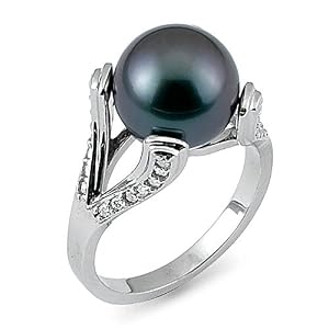 Tahitian Black Pearl Ring with Diamonds in 14K White Gold by