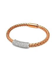 .925 Sterling Silver Rose Gold Plated Braided Italian Bracelet Band with Rhodium Plated Pave CZ Bar Center - 7" Inches