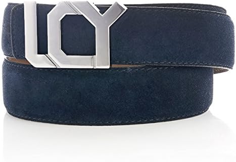 LUCHENGYI Men's Suede Leather Dress Belt with Elegant Plate Buckle 36 Blue