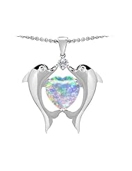 Original Star K (tm) Kissing Dolphins Pendant With Heart Shape 8mm Created Opal in 925 Sterling Silver