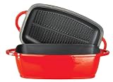 2-in-1 Red Porcelain Enameled Cast Iron Roaster with Grill Pan Lid