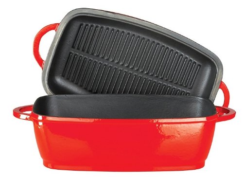 2-in-1 Red Porcelain Enameled Cast Iron Roaster with Grill Pan Lid