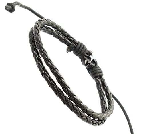 Mens Black Leather Double Strap & Cord Surf Wristband Bracelet - 66